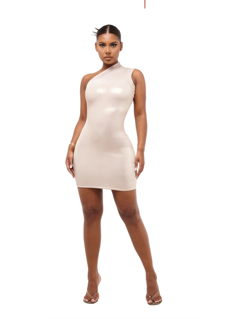 Coucoo One-Shoulder Bodycon Mini Dress White Pearl Shimmer